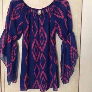 Elegant Women's Patterned Blouse in Blue and Pink